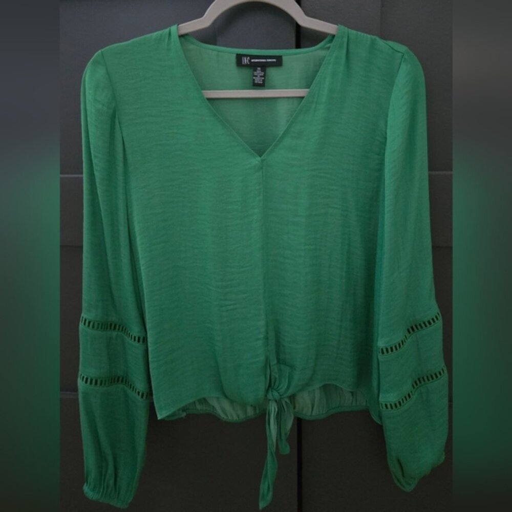 INC Emerald Green Relaxed Buttoned Blouse with Front Tie